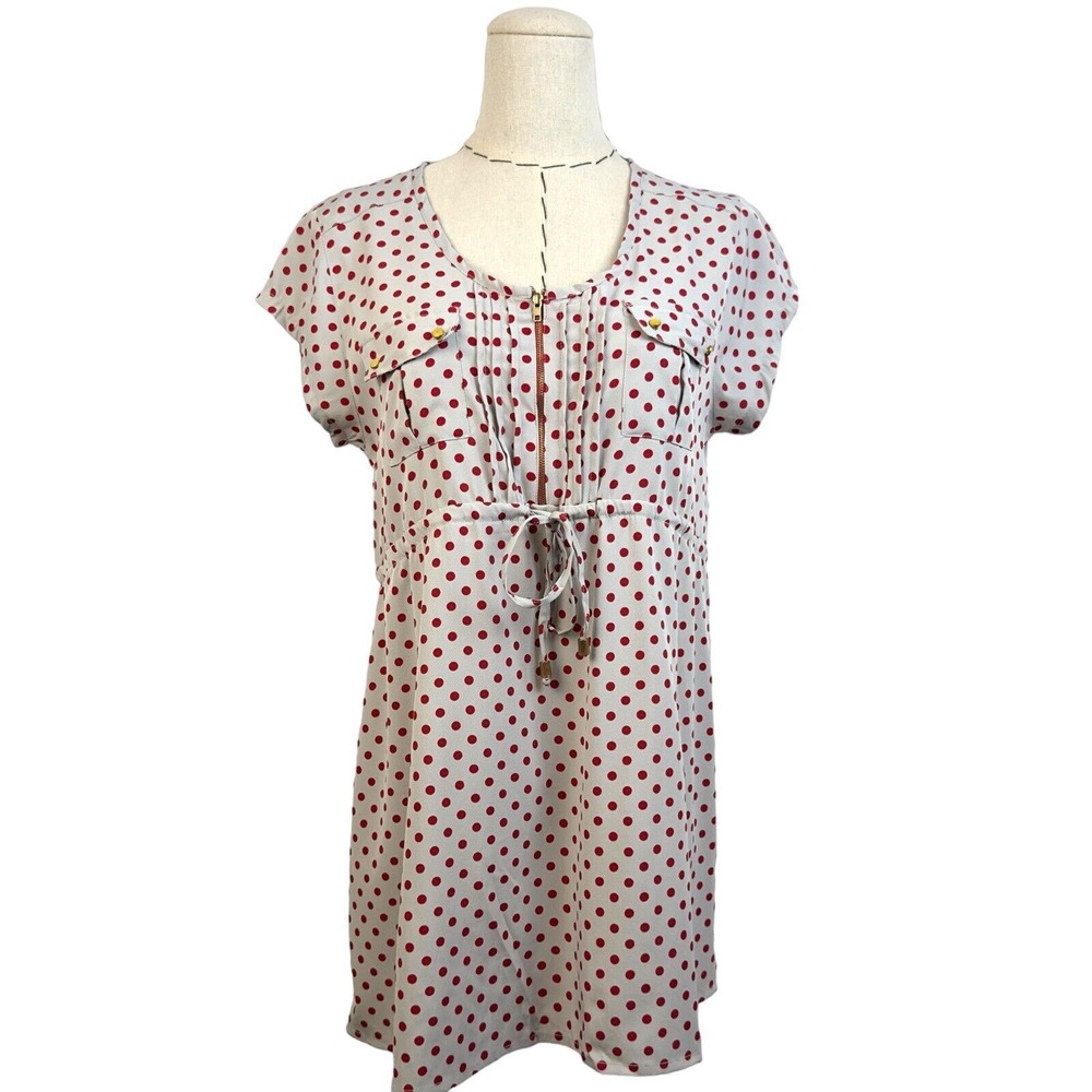 Rumor Has‎ It Womens Polka Dot Drawstring Zipper Front Short Sleeve Dress Medium